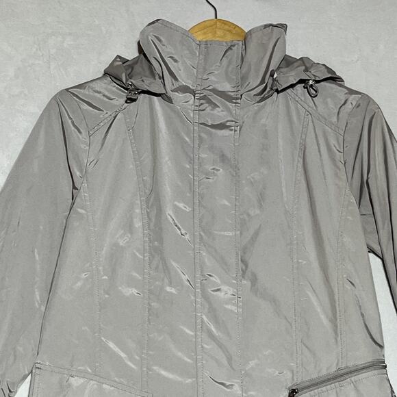 Cole Haan Rain Jacket Mid Length Womens S Gray Silver Packable Hooded Zip Coat - Picture 3 of 13